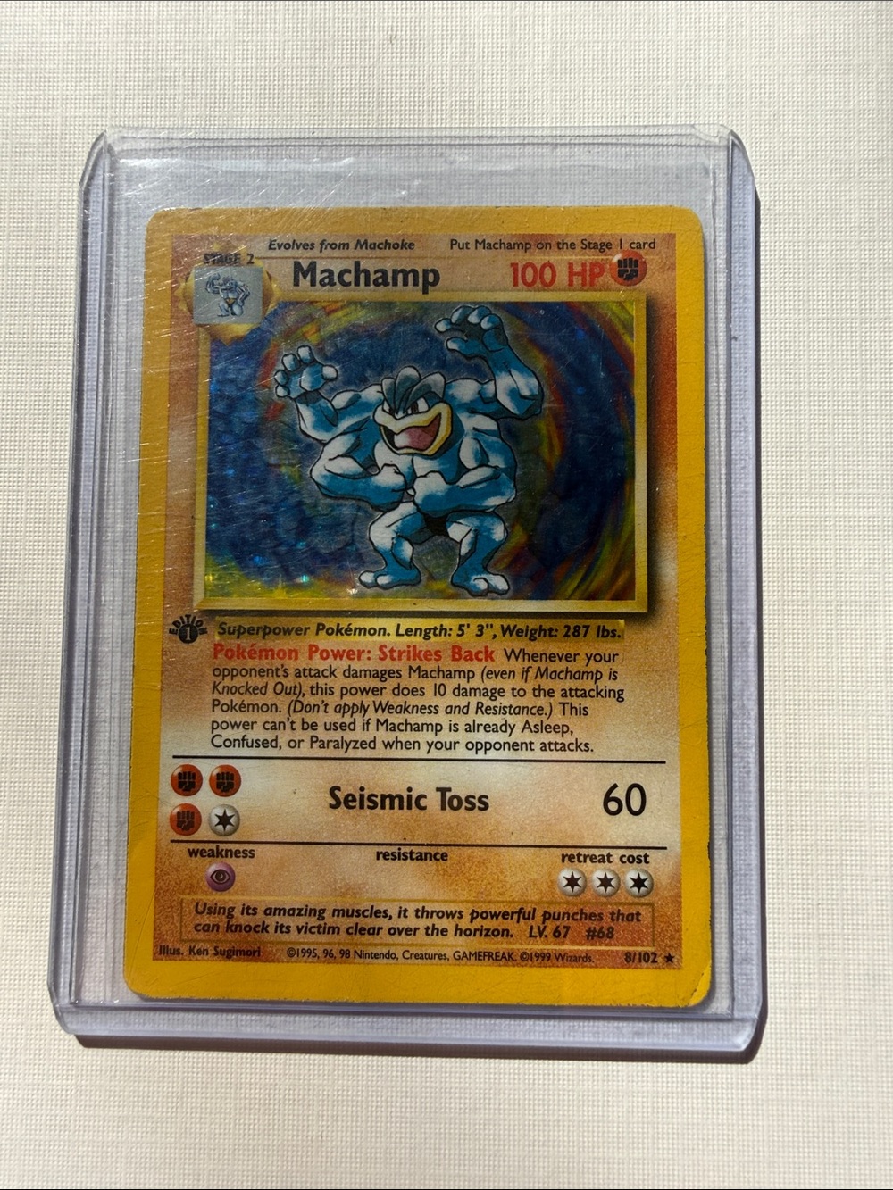 Pokemon Machamp Holographic Card Yellow and Blue Artwork